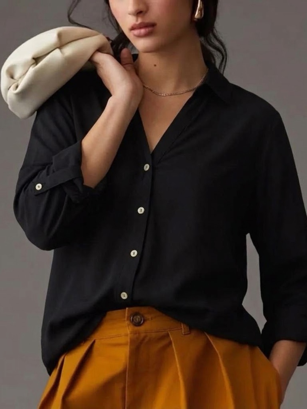 NEW MAGASCHONI Relax Fit Shirt top BLACK Roll Tab Sleeve Button MEDIUM